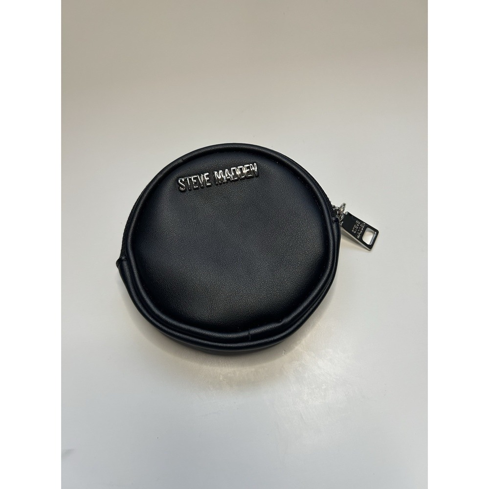 Steve Madden Round Black Leather Color Coin Purse Keychain Purse 4x4